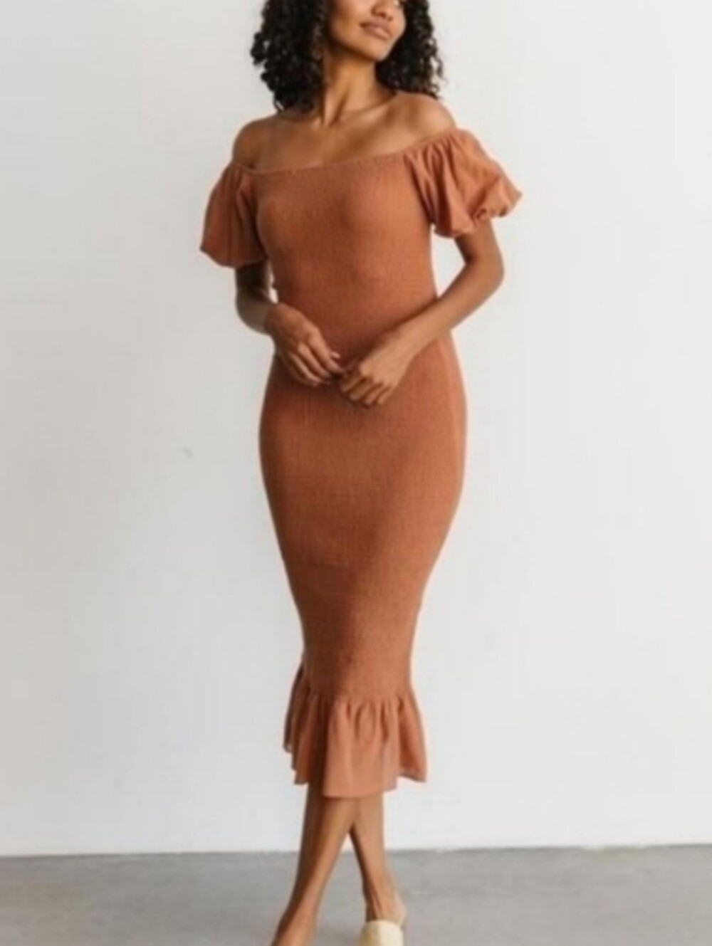 Baltic Born NWT Brown Alana Smocked Off The Shoulder Midi Dress